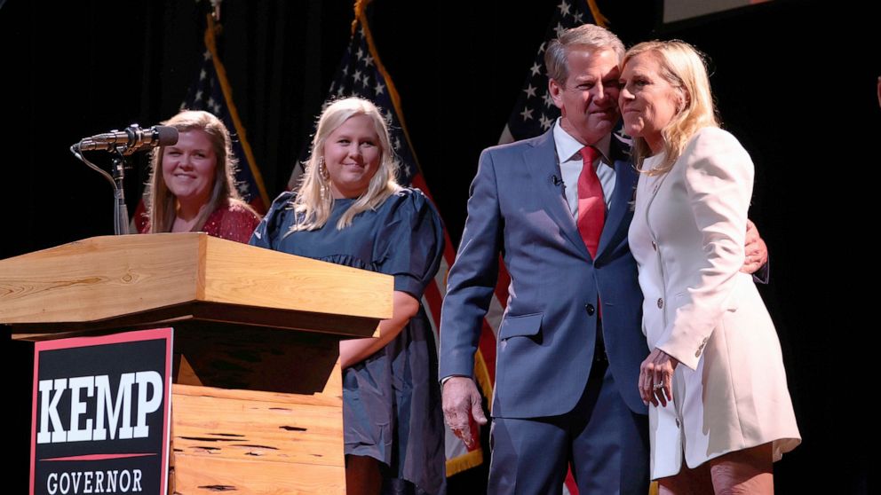 PHOTO: Georgia Republican gubernatorial candidate Gov. Brian Kemp, delivers his acceptance speech at his election night party after defeating Stacey Abrams in Atlanta, Nov. 8, 2022.