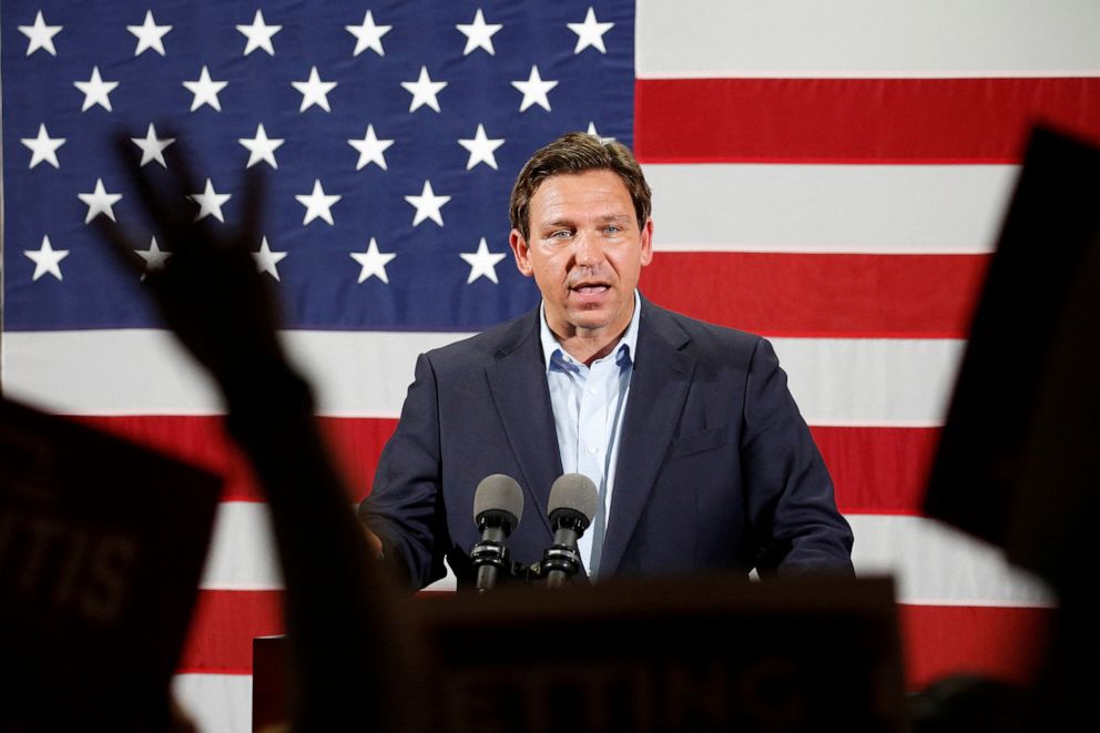 PHOTO: Florida Governor Ron DeSantis speaks during a rally ahead of the midterm elections, in Hialeah, Florida on November 7, 2022.