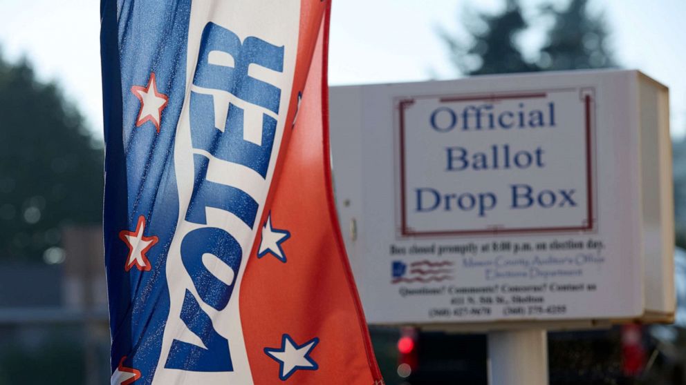 PHOTO: A ballot box outside the Mason County Auditor's office is seen behind a voter registration banner, Oct. 13, 2022, in Shelton, Wash.