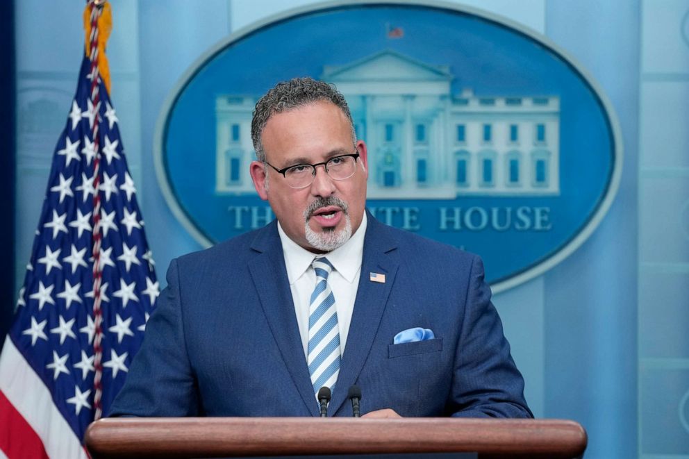 PHOTO: Education Secretary Miguel Cardona speaks during the daily briefing at the White House in Washington, June 30, 2023.