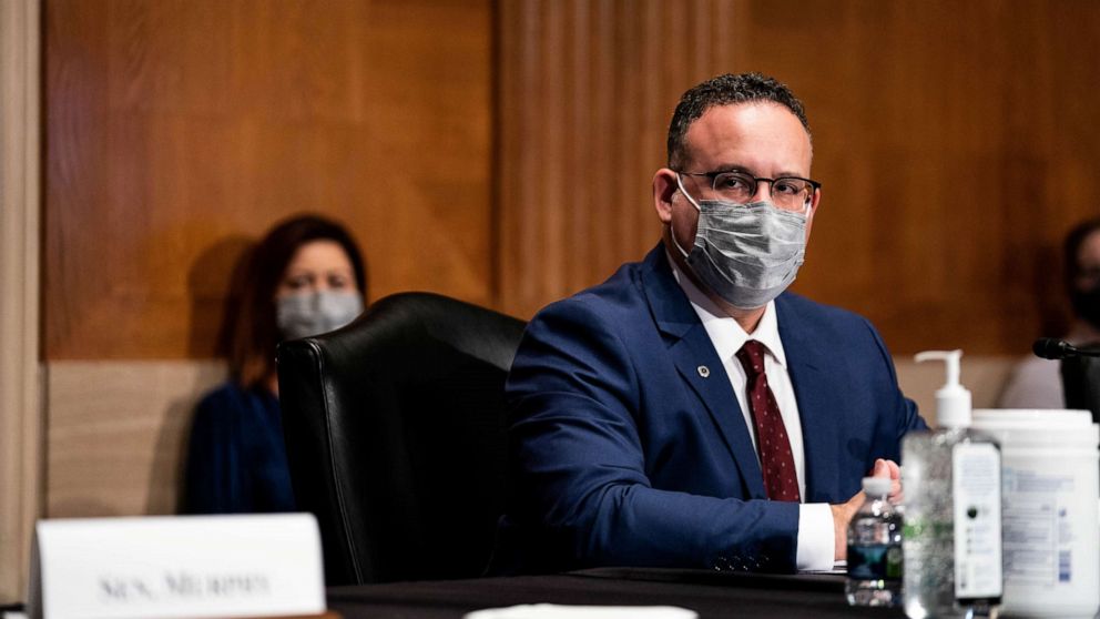 PHOTO: Education Secretary nominee Miguel Cardona testifies before the Senate Health, Education, Labor and Pensions committee during his confirmation hearing on Capitol Hill in Washington, DC, Feb. 3, 2021.
