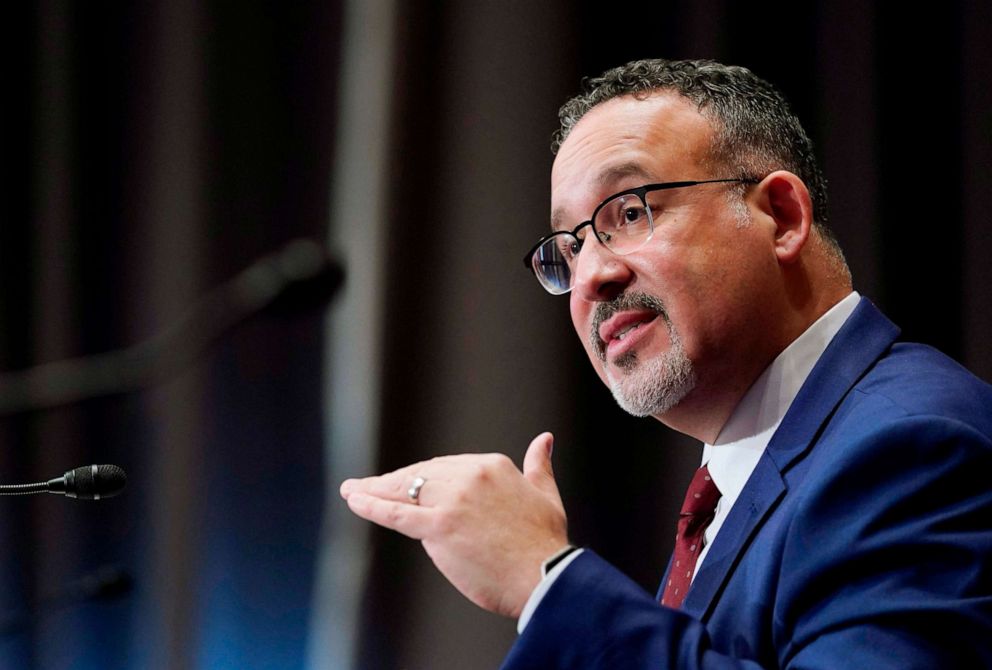 PHOTO: Education Secretary nominee Miguel Cardona testifies before the Senate Health, Education, Labor and Pensions committee during his confirmation hearing on Capitol Hill in Washington, DC, Feb. 3, 2021.