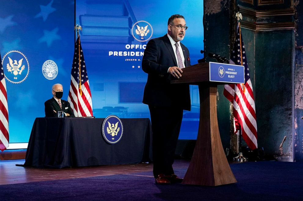 PHOTO: Miguel Cardona speaks after President-Elect Joe Biden announced him as his nominee for Education Secretary at the Queen theatre on Dec. 23, 2020, in Wilmington, Del.