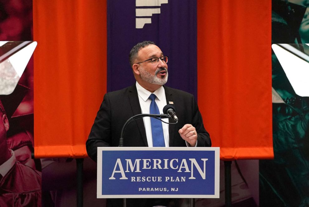 PHOTO: Education Secretary Miguel Cardona speaks about the American Rescue Plan at Bergen Community College in Paramus, N.J., on Jan. 20, 2022.