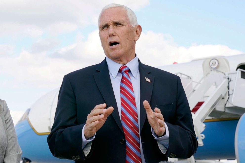 PHOTO: Vice President Mike Pence speaks to members of the media at Andrews Air Force Base, Md., Oct. 5, 2020.
