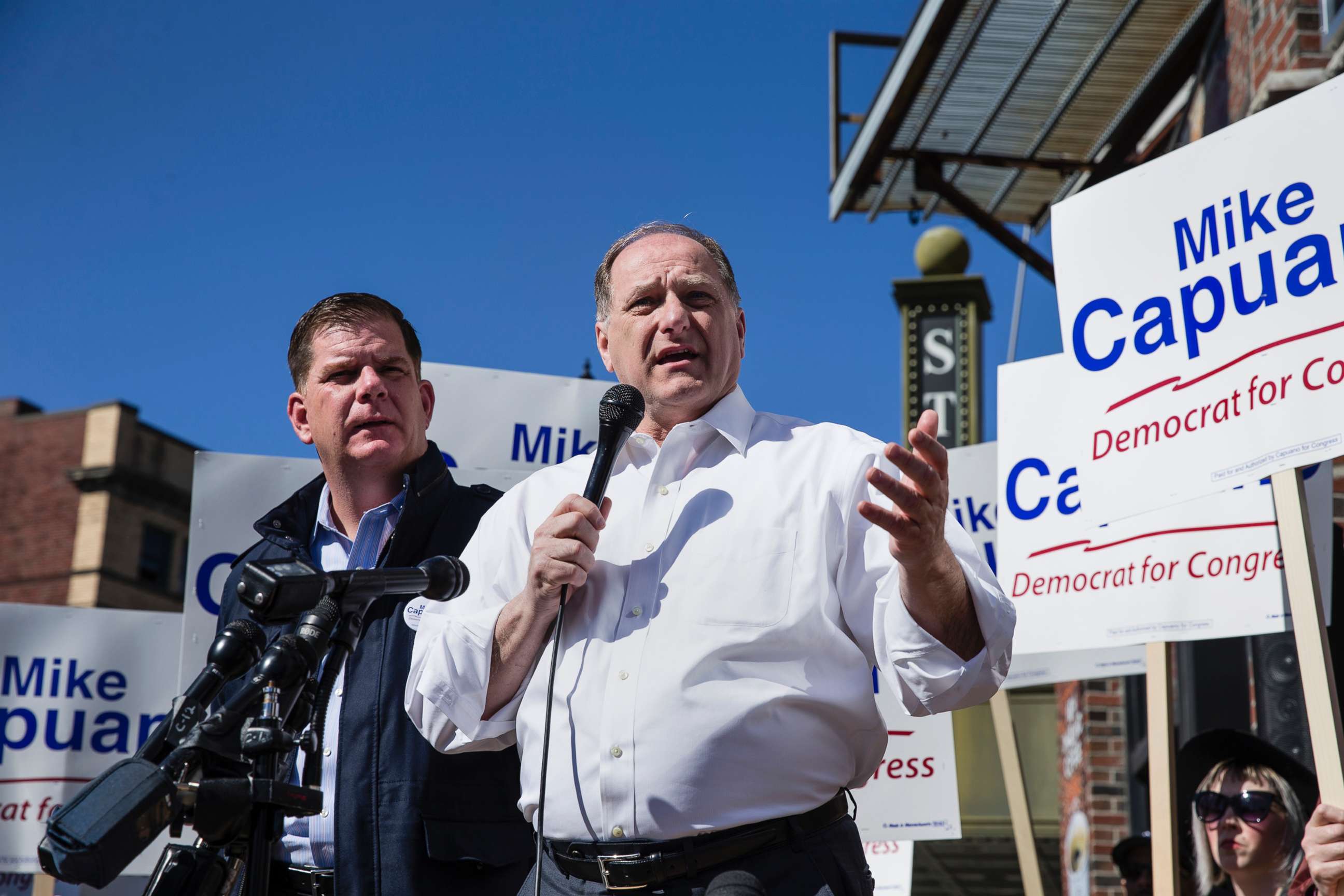 PHOTO: Congressman Mike Capuano, right, speaks after being endorsed for re-election by Boston Mayor Martin J. Walsh, left, in Boston on April 22, 2018.