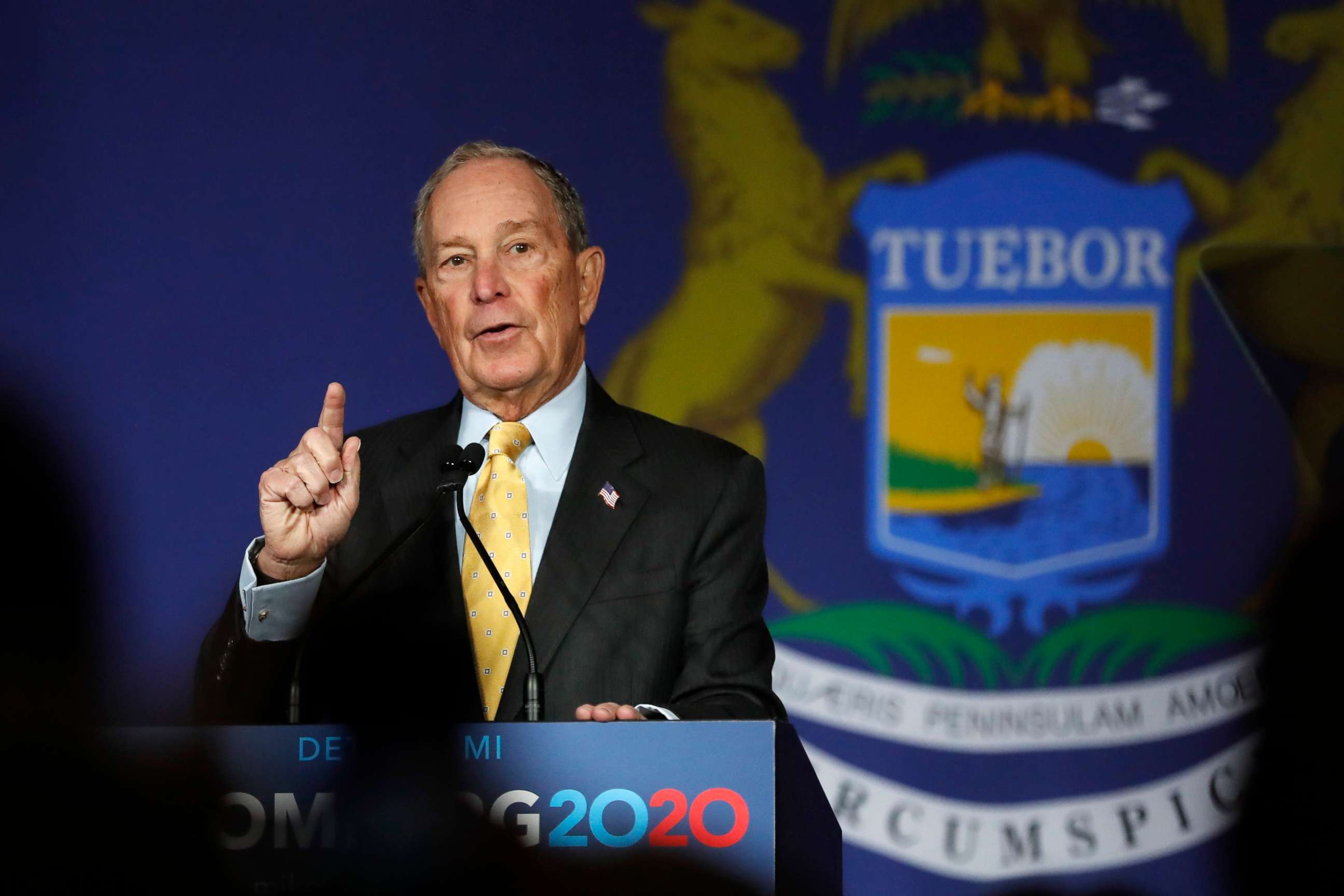PHOTO: Democratic presidential candidate and former New York City Mayor Michael Bloomberg talks to supporters Tuesday, Feb. 4, 2020 in Detroit.