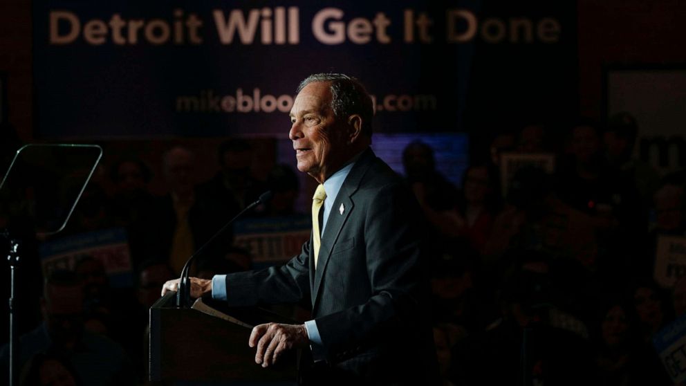 PHOTO: Democratic presidential candidate Mike Bloomberg holds a campaign rally in Detroit, Feb. 4, 2020.