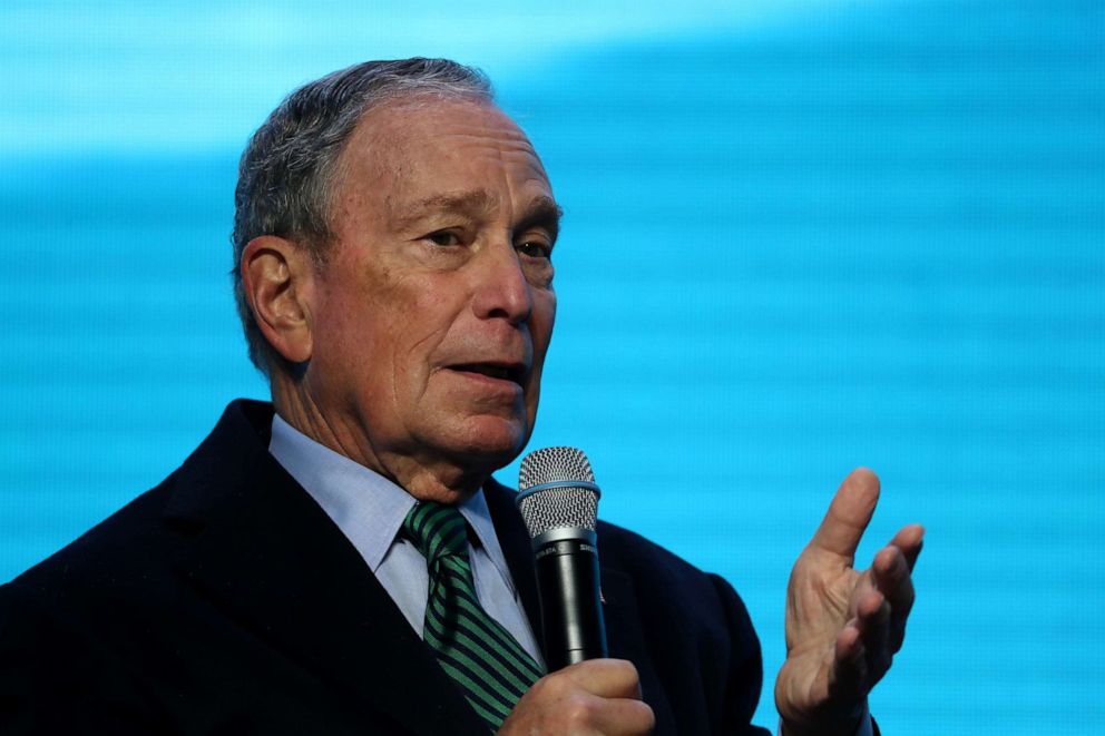 PHOTO: Democratic presidential candidate former New York City mayor Michael Bloomberg speaks during a discussion about climate change with former California Gov. Jerry Brown during a conference on Dec. 11, 2019 in San Francisco.