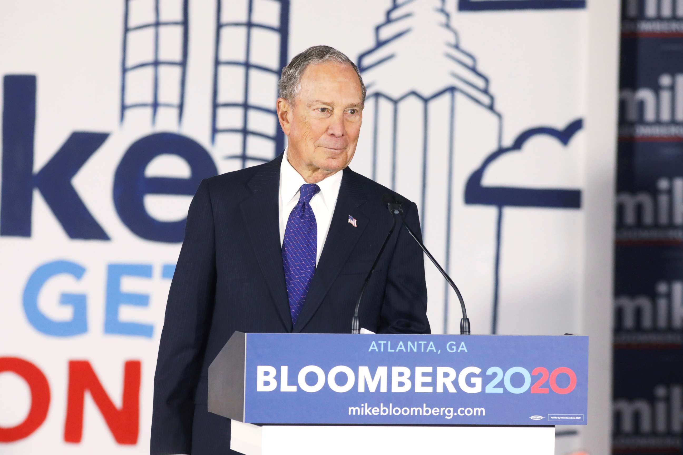 PHOTO: Democratic presidential candidate Mike Bloomberg prepares to leave the stage after speaking at an organizing event in Atlanta on Jan. 10, 2020.