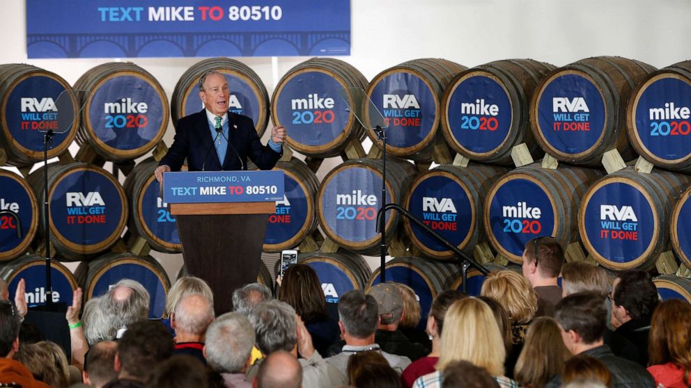 PHOTO: Democratic presidential candidate Mike Bloomberg speaks during a campaign event at Hardywood Park Craft Brewery in Richmond, Va., Saturday, Feb. 15, 2020. 