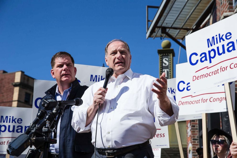 PHOTO: Congressman Mike Capuano speaks after being endorsed for re-election by Boston Mayor Martin J. Walsh, left, in Boston on April 22, 2018.