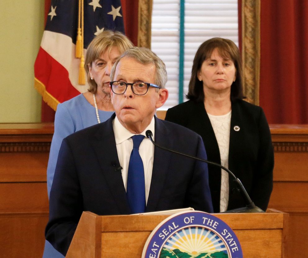PHOTO: Governor Mike DeWine speaks during a press conference to update the public on efforts to fight the coronavirus on Sunday, March 15, 2020, at the Ohio Statehouse in Columbus.