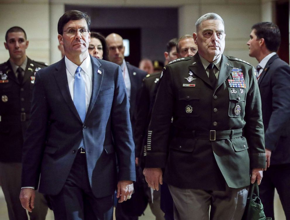 PHOTO: File photo, (L-R) Secretary of Defense Mark Esper and Chair of the Joint Chiefs of Staff Mark Milley arriving for briefing with members of the House of Representatives about the situation with Iran, at the Capitol on Jan. 8, 2020 in Washington. 