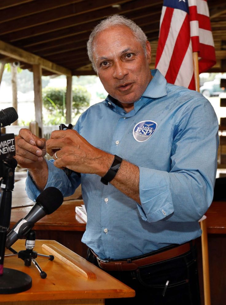 PHOTO: Senate candidate Mike Espy talks to reporters at a news conference in Jackson, Miss., July 27, 2018.