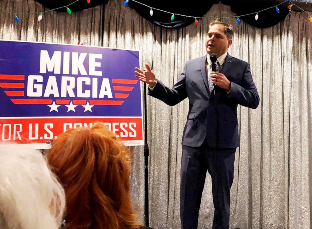 PHOTO: Twenty fifth District congressional candidate and former Navy combat pilot Mike Garcia addresses supporters in Simi Valley, Calif., Jan. 28, 2020.