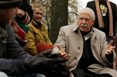 PHOTO: Former U.S. senator Mike Gravel talks to demonstrators at their camp at the Lindenplatz square in Zurich, Oct. 31, 2011.