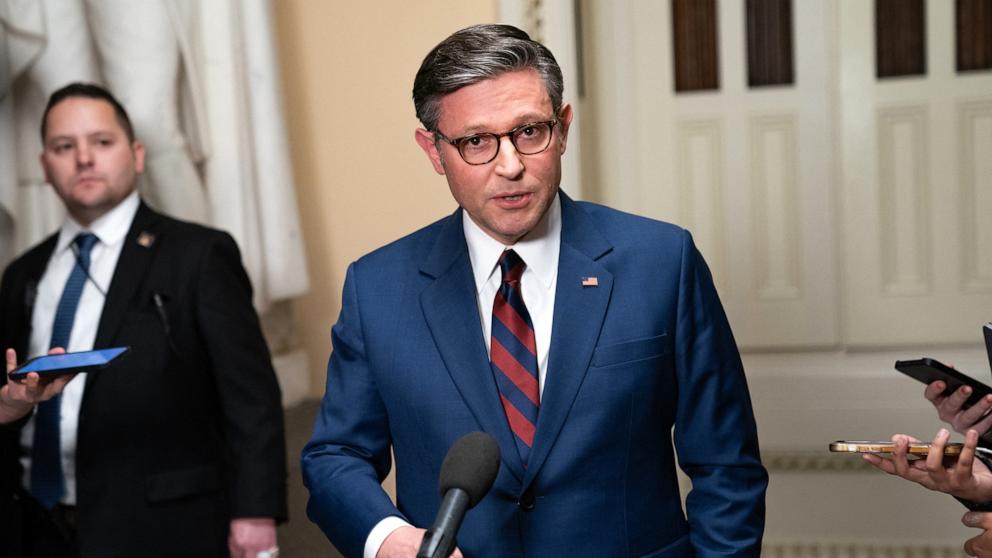 PHOTO: Speaker of the House Mike Johnson speaks to the media during a vote on a revised continuing resolution bill at Capitol Hill in Washington, D.C., on Dec. 19, 2024.