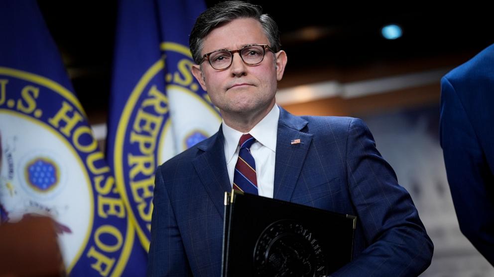 PHOTO: Speaker of the House Mike Johnson pauses before talking to reporters at a news conference, at the Capitol, in Washington, Tuesday, April 1, 2025.