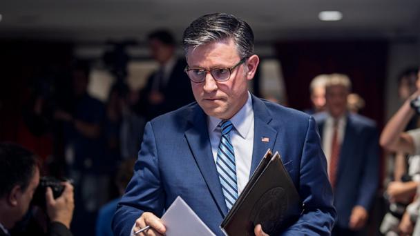 Speaker of the House Mike Johnson arrives for a news conference at the Republican National Committee headquarters in Washington, D.C., on July 15, 2025. 