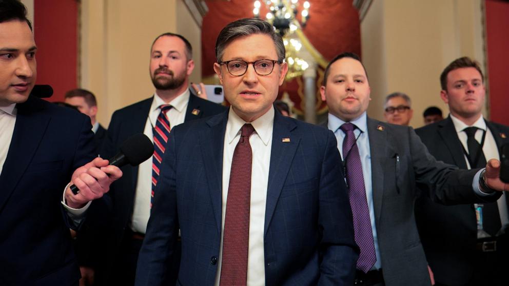 PHOTO: Speaker of the House Mike Johnson (R-LA) leaves after the House passed the Republican's budget resolution on the spending bill on Feb. 25, 2025 at the U.S. Capitol in Washington, D.C. 