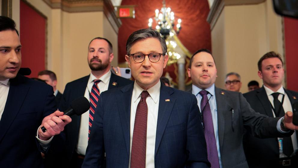 PHOTO: Speaker of the House Mike Johnson leaves after the House passed the Republican's budget resolution on the spending bill on Feb. 25, 2025, at the U.S. Capitol in Washington, D.C.