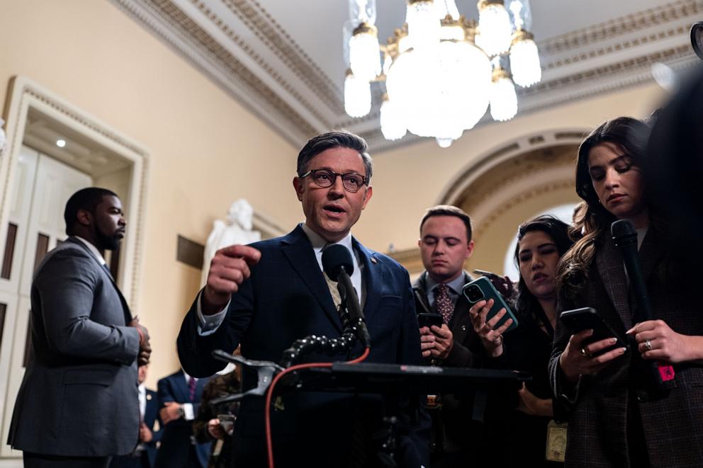 PHOTO: Speaker of the House Mike Johnson (R-LA) speaks to the press at the U.S. Capitol on Dec. 20, 2024 in Washington, D.C.