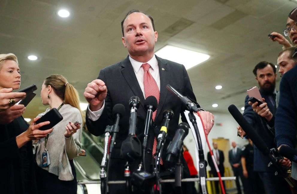 PHOTO: Sen. Mike Lee, R-Utah, gestures while speaking to members of the media after leaving a closed door meeting about Saudi Arabia, Nov. 28, 2018, on Capitol Hill.