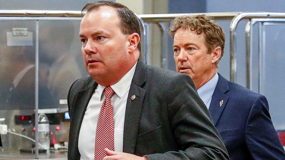 PHOTO: Senators' Mike Lee and Rand Paul depart via the Senate Subway following a classified national security briefing of the Senate on developments with Iran at the U.S. Capitol in Washington, Jan. 8, 2020.