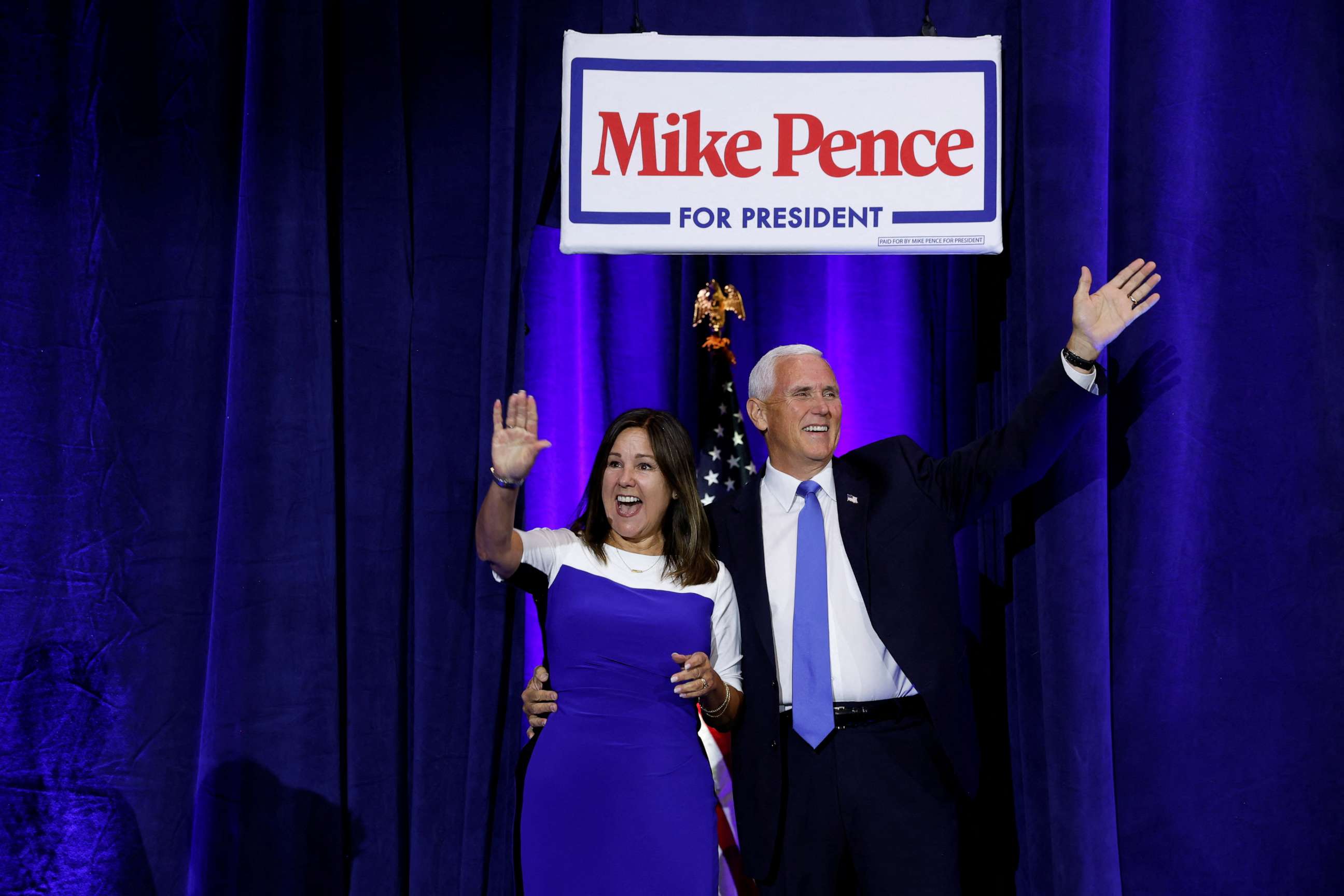 PHOTO: Former Vice President Mike Pence arrives with his wife Karen to make a U.S. presidential campaign kickoff announcement about his race for the 2024 Republican presidential nomination Ankeny, Iowa, June 7, 2023.