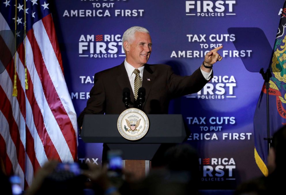 PHOTO: Vice President Mike Pence speaks at an America First Policies event in Philadelphia, July 23, 2018.