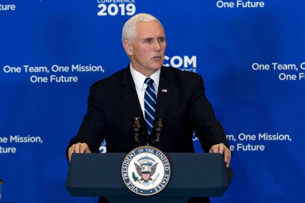 PHOTO: Vice President Mike Pence speaks during the Global Chiefs of Mission Conference "One Team, One Mission, One Future" at Department of State, Jan. 16, 2019, in Washington.