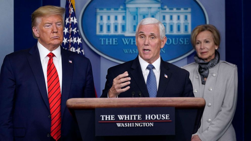 PHOTO: Vice President Mike Pence, center, speaks as President Donald Trump and White House coronavirus response coordinator Dr. Deborah Birx listen during press briefing with the coronavirus task force, at the White House, March 19, 2020, in Washington.