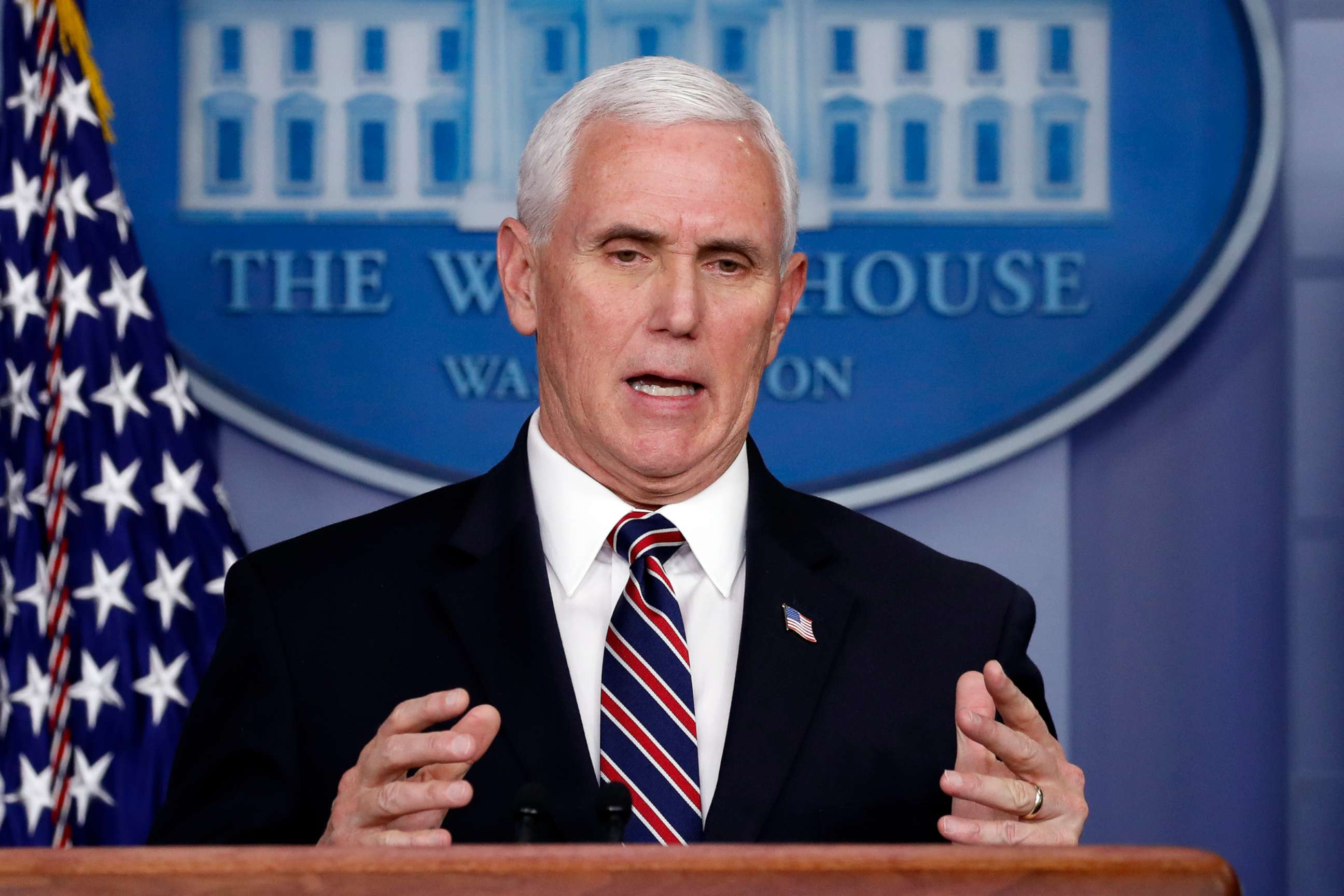 PHOTO: Vice President Mike Pence speaks about the coronavirus in the James Brady Press Briefing Room of the White House, April 2, 2020, in Washington.