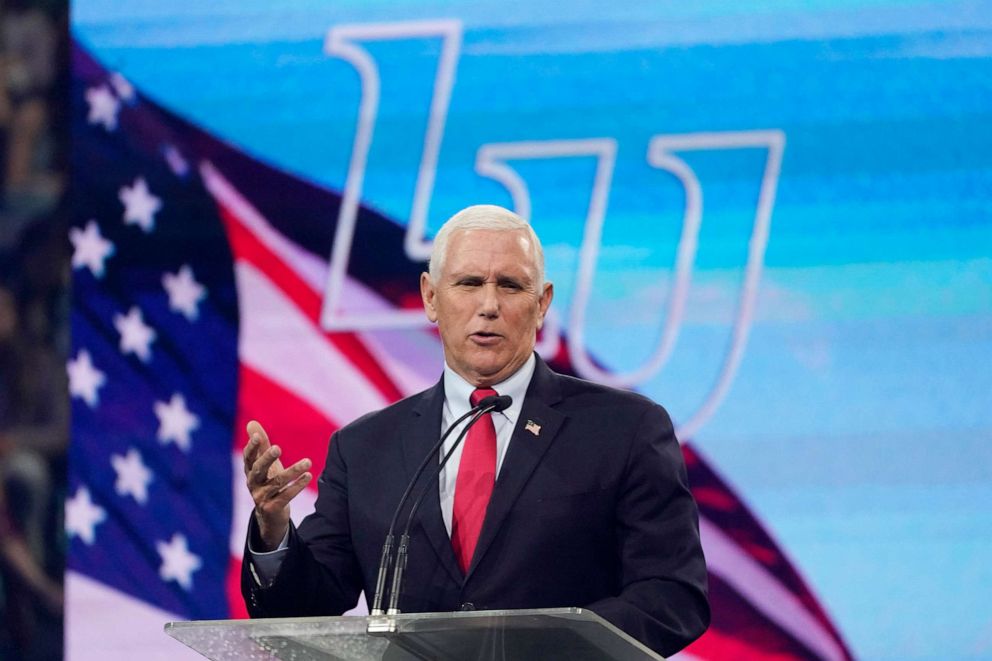 PHOTO: Former Vice President Mike Pence gestures as he addresses the Convocation at Liberty University, Sept. 14, 2022, in Lynchburg, Va.