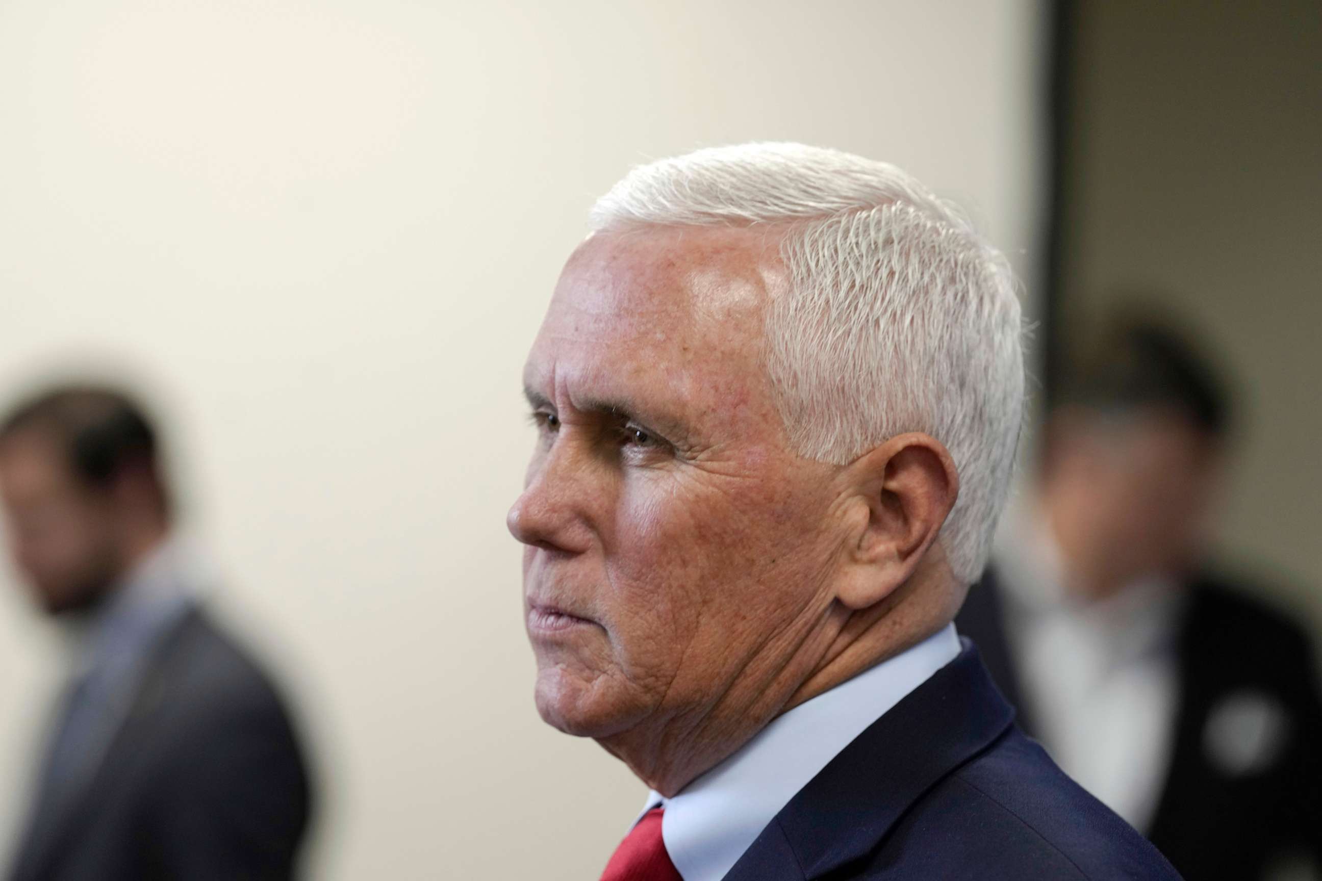 PHOTO: Former Vice President Mike Pence speaks with reporters following a roundtable discussion on police reform, March 2, 2023, in North Charleston, S.C.