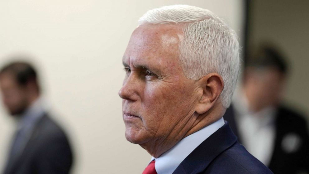 PHOTO: Former Vice President Mike Pence speaks with reporters following a roundtable discussion on police reform, March 2, 2023, in North Charleston, S.C.