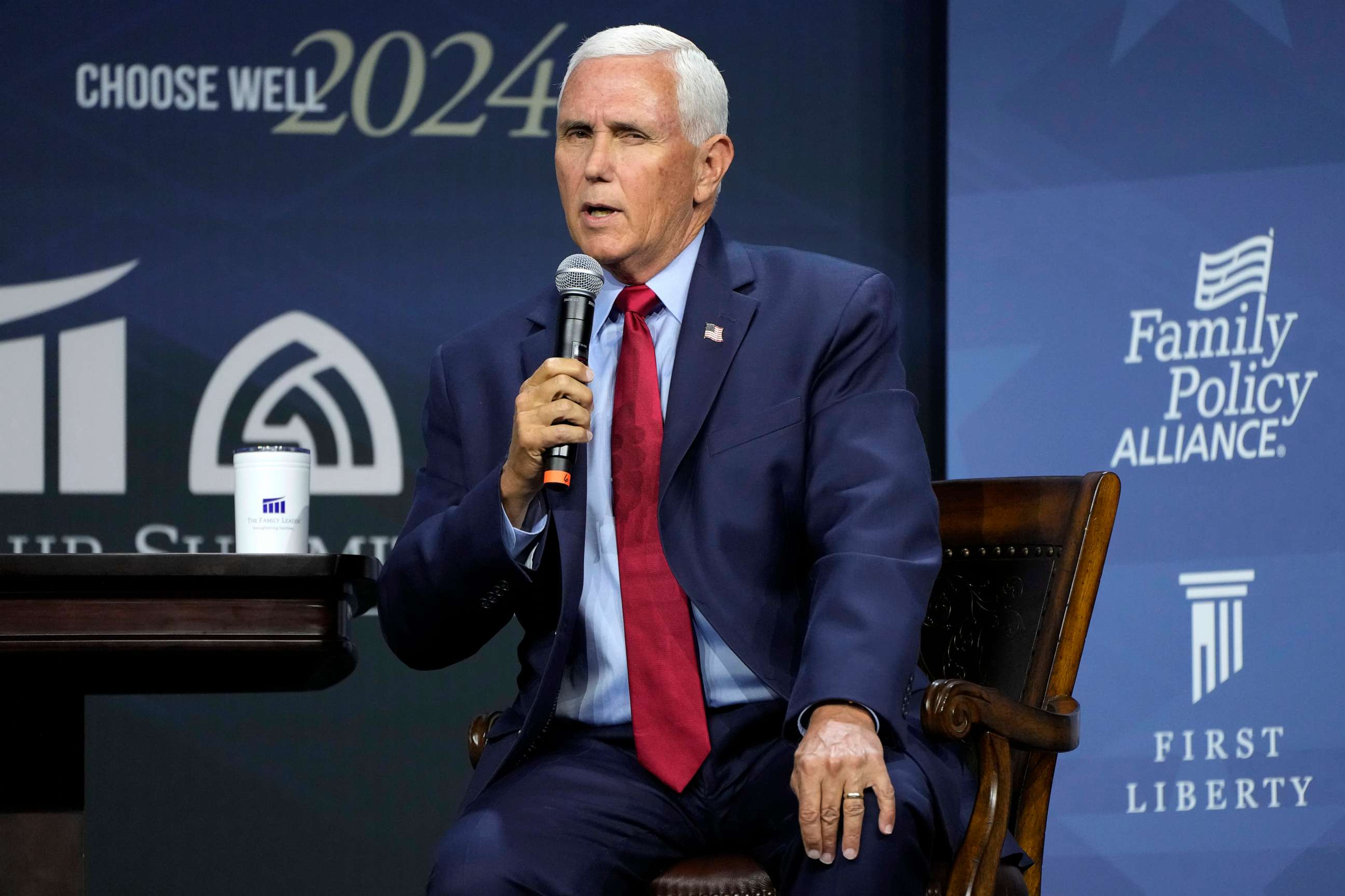 PHOTO: Republican presidential candidate former Vice President Mike Pence speaks during the Family Leadership Summit, July 14, 2023, in Des Moines, Iowa.