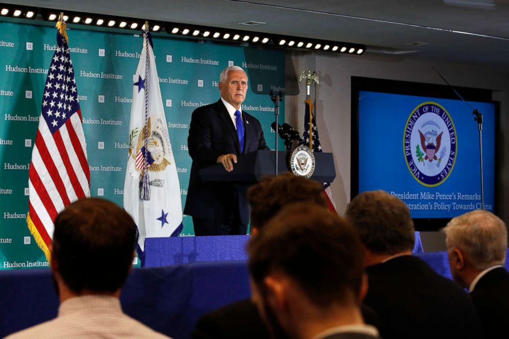 PHOTO: Vice President Mike Pence speaks at the Hudson Institute in Washington, Oct. 4, 2018. Pence said China was interfering in the domestic policies and politics of the United States. 