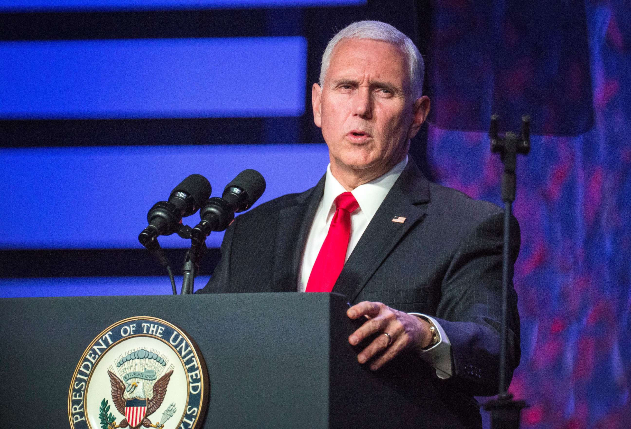PHOTO: Vice President Mike Pence speaks at event in support of Venezuelan opposition leader Juan Guaido at Iglesia Doral Jesus Worship Center in Doral, Fla., Feb. 1, 2019.