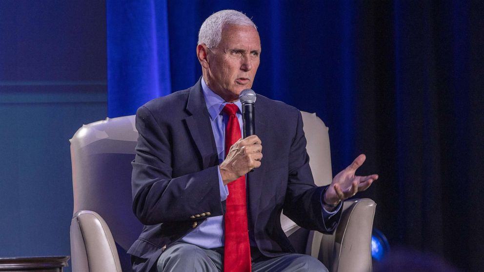 PHOTO: Former Vice President Mike Pence, 2024 Republican presidential candidate, speaks during Erick Erickson's The Gathering event, Aug. 18, 2023 in Atlanta.