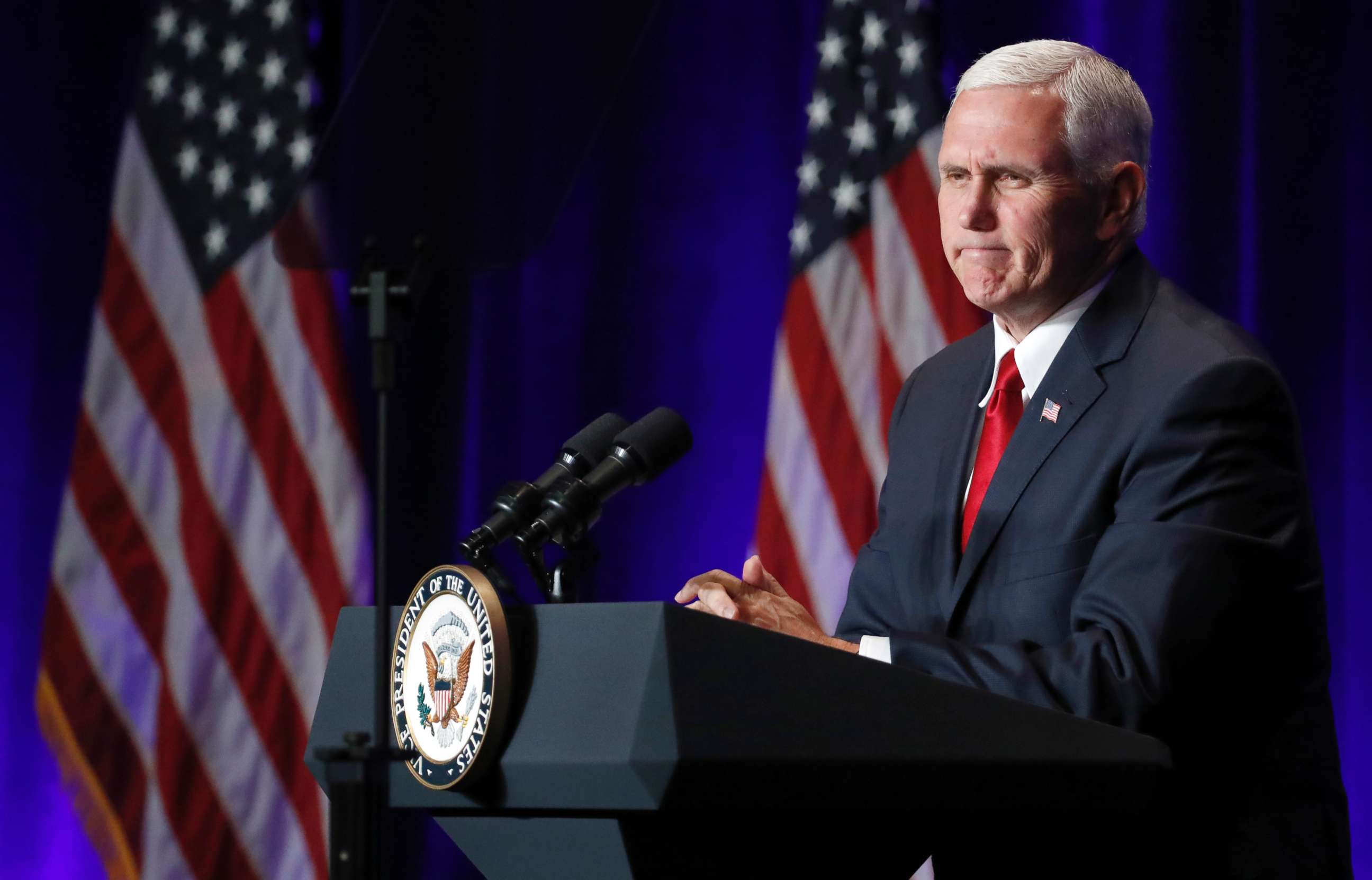 PHOTO: Vice President Mike Pence pauses while speaking at the Young America's Foundation's 39th annual National Conservative Student Conference, Aug. 4, 2017, in Washington.