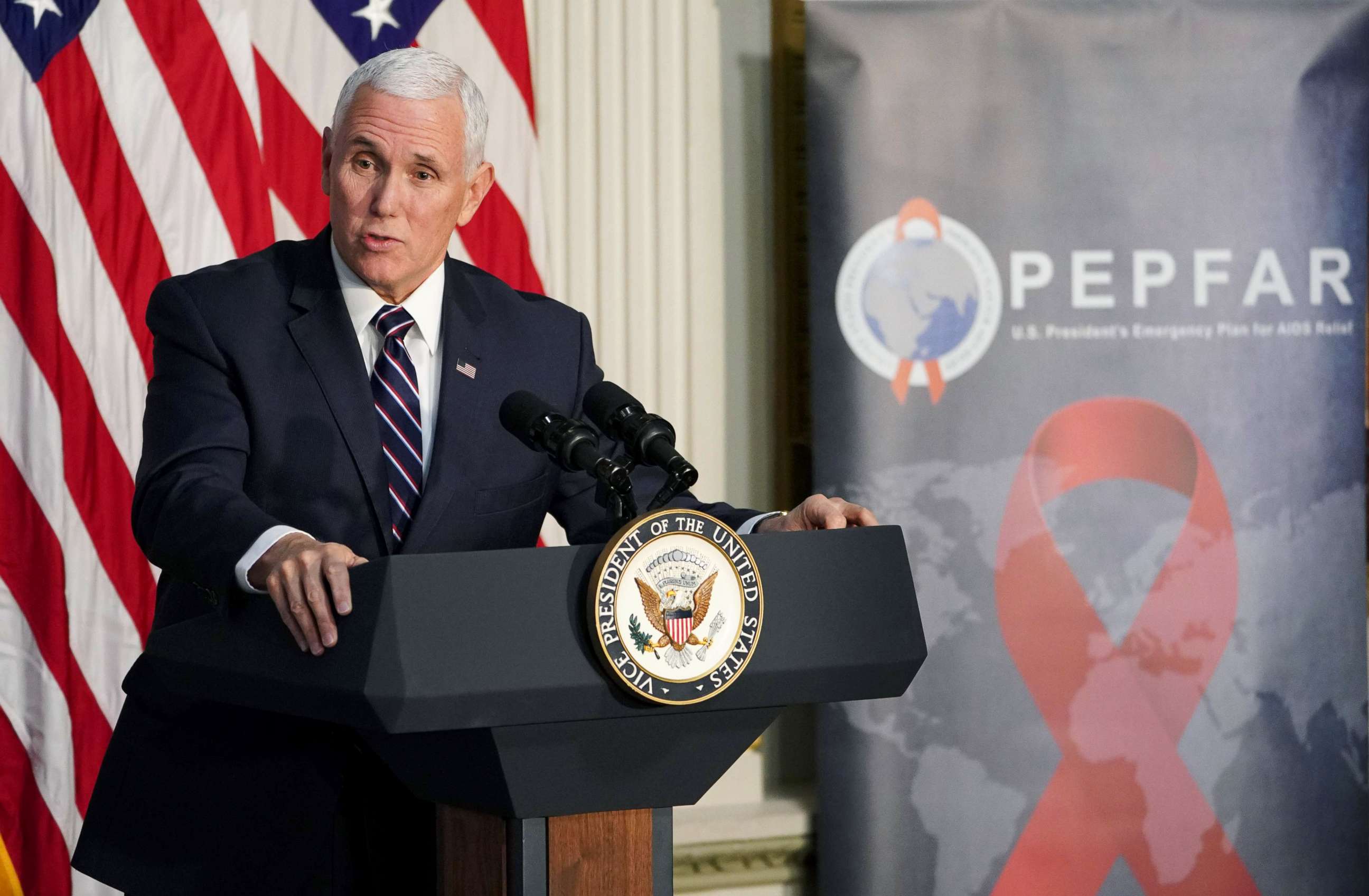 PHOTO: Vice President Mike Pence speaks during a White House World AIDS Day event in the Indian Treaty Room of the White House, Nov. 29, 2018.