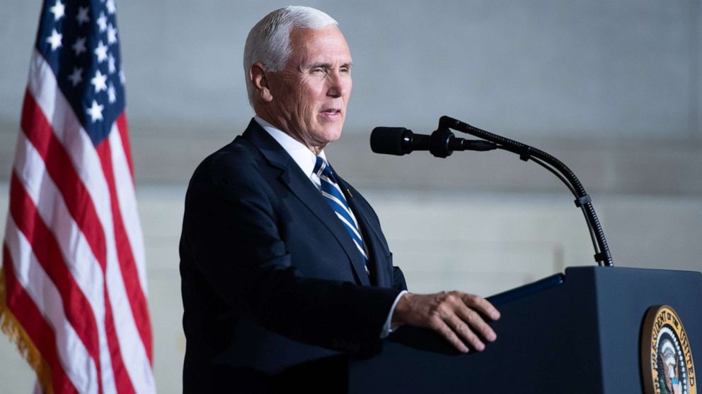 PHOTO: Vice President Mike Pence speaks during the White House Conference on American History at the National Archives in Washington, DC, Sept. 17, 2020.