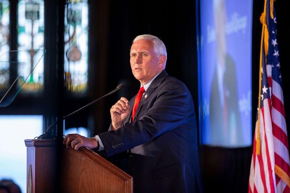 PHOTO: Former Vice President Mike Pence speaks to a crowd of supporters at the University Club of Chicago on June 20, 2022, in Chicago.