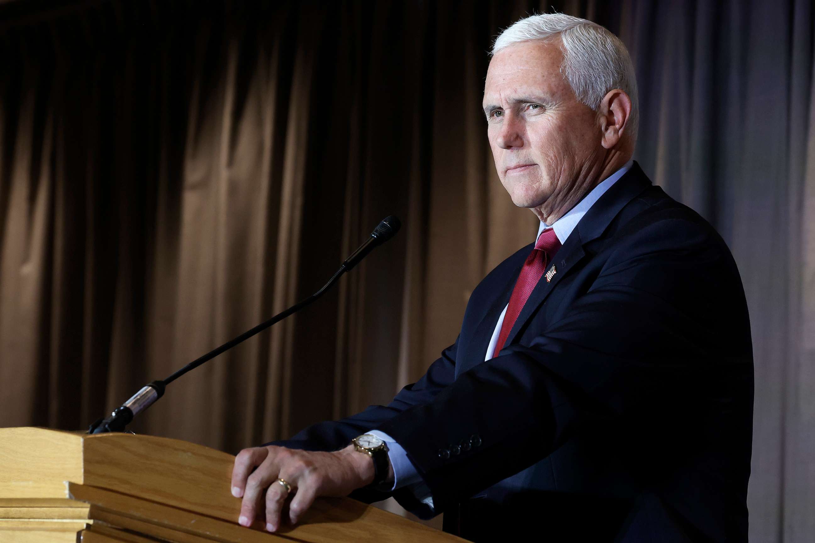 PHOTO: In this Feb. 16, 2023, file photo, former Vice President Mike Pence gives remarks at the Calvin Coolidge Foundation's conference at the Library of Congress in Washington, D.C.