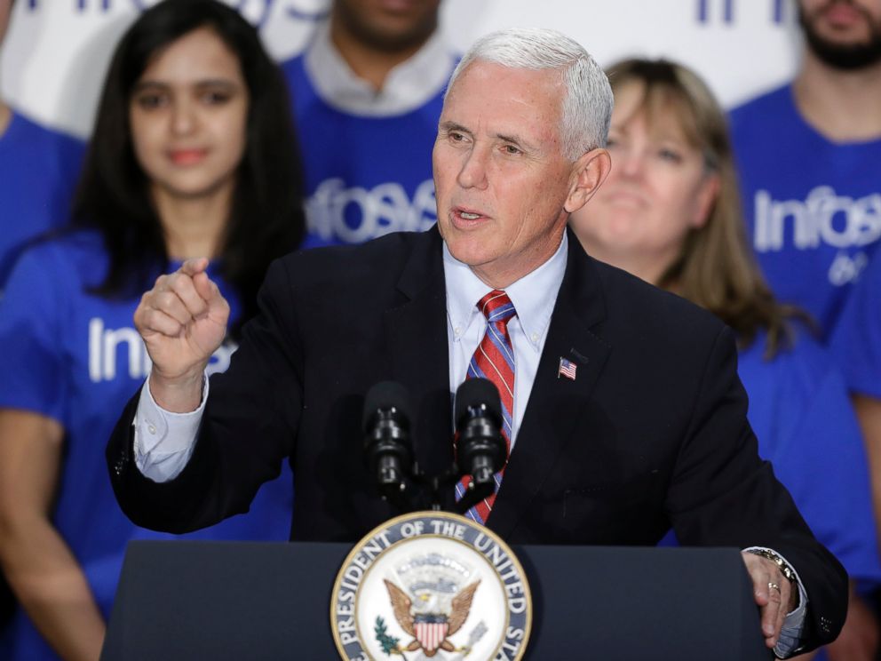 Vice President Mike Pence speaks during a Infosys economic development announcement, Thursday, April 26, 2018, in Indianapolis.