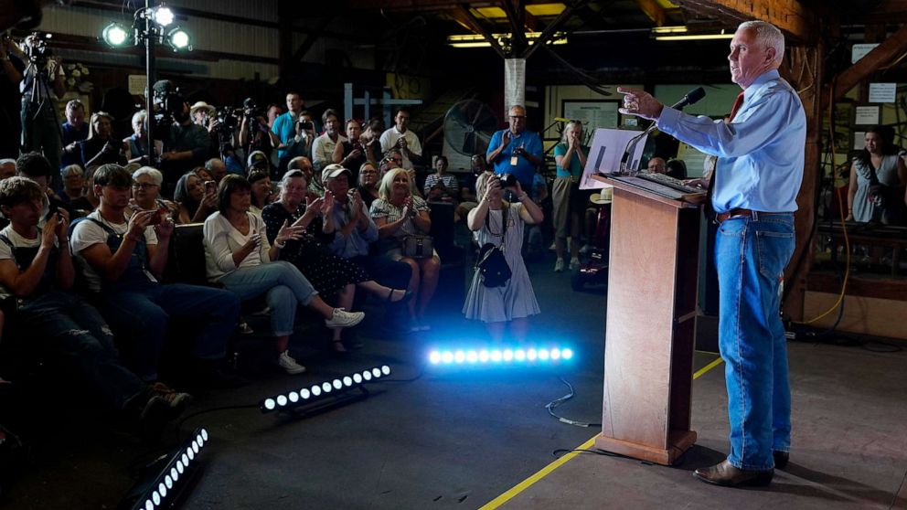 PHOTO: Republican presidential candidate and former Vice President Mike Pence speaks during a stop at the Indiana State Fair, Aug. 2, 2023, in Indianapolis.