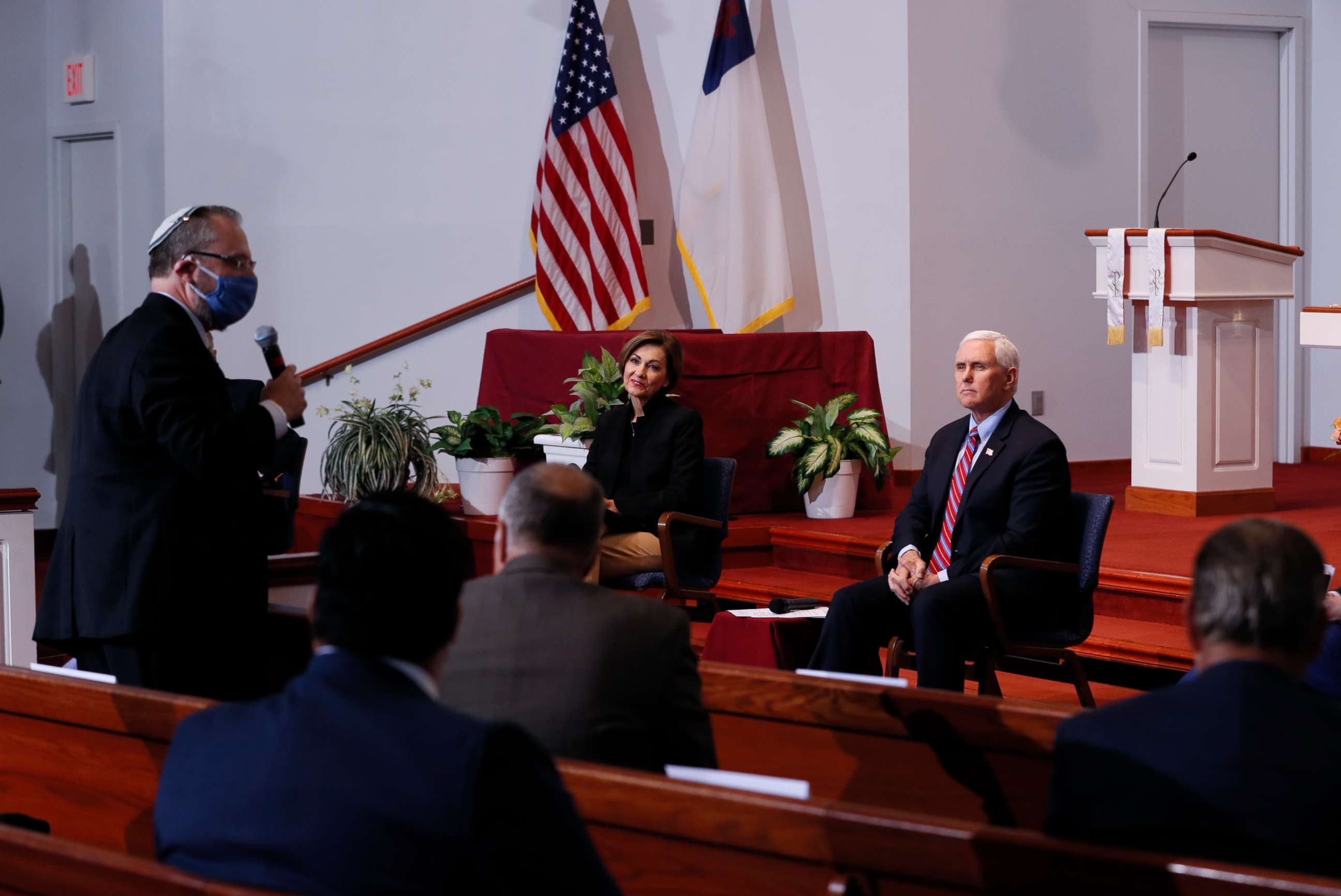 PHOTO: Vice President Mike Pence listens to a question from Temple B'nai Jeshurun Rabbi David Kaufman during a discussion with local faith leaders, May 8, 2020, in Urbandale, Iowa.