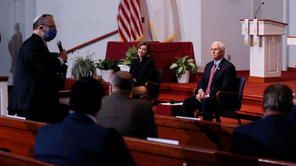 PHOTO: Vice President Mike Pence listens to a question from Temple B'nai Jeshurun Rabbi David Kaufman during a discussion with local faith leaders, May 8, 2020, in Urbandale, Iowa.